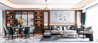 新中式客餐厅 沙发茶几组合 沙发背景墙 餐厅 西餐台 单椅 餐桌椅 吊灯